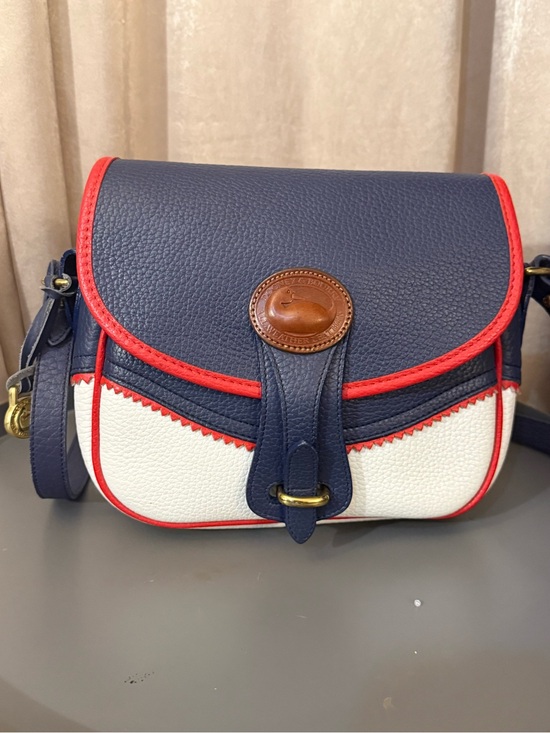 Dooney & Bourke Handbags - Dooney & Bourke Navy, White & Red Pebble Leather Crossbody Saddle Bag